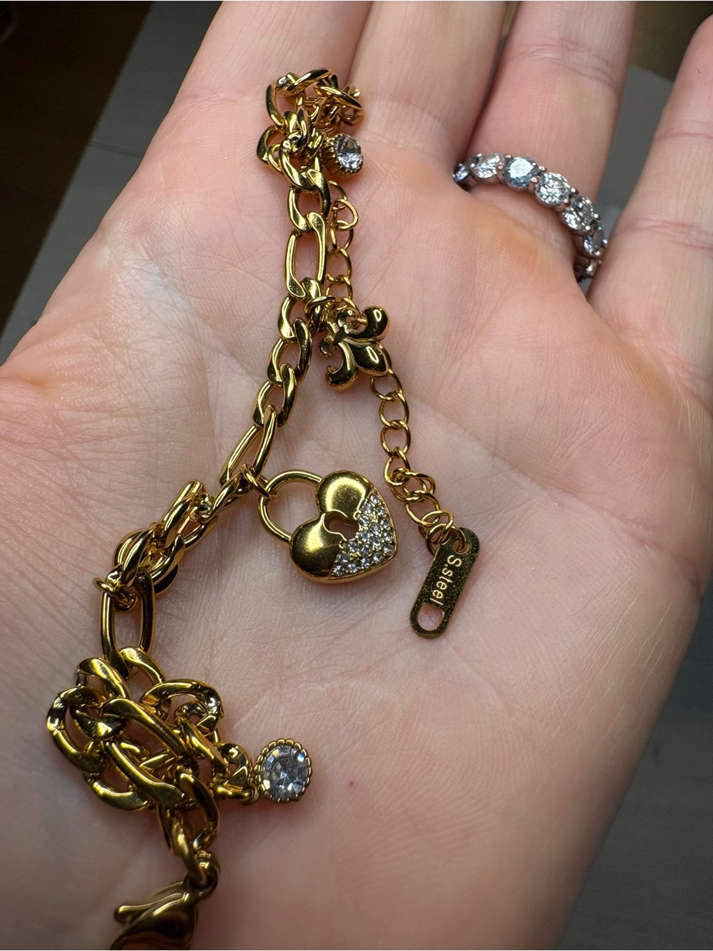 Gold Heart Lock Charm Ankle Bracelet (or bracelet) with Key & Fleur-de-Lis - Picture 6 of 10